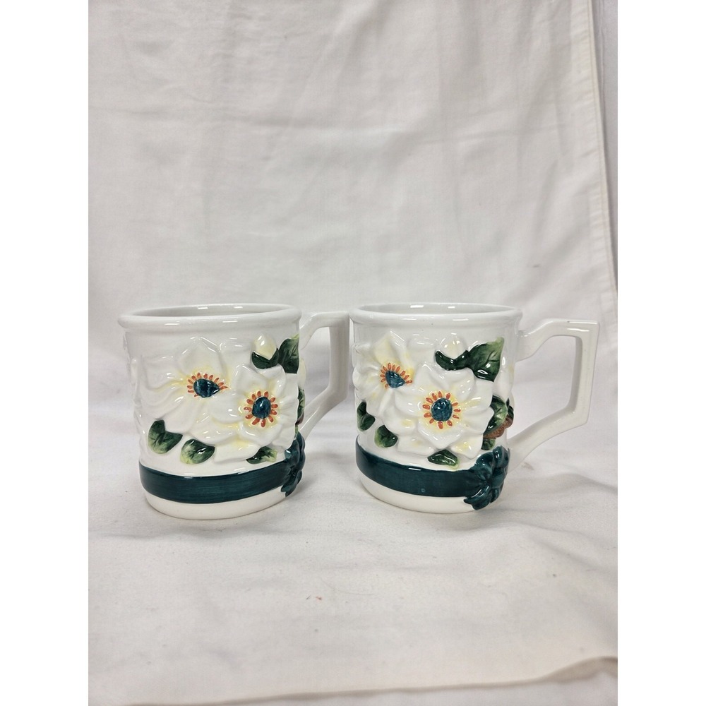 Vintage‎ KMC Floral Embossed Ceramic Mugs Set of 2 White Pottery